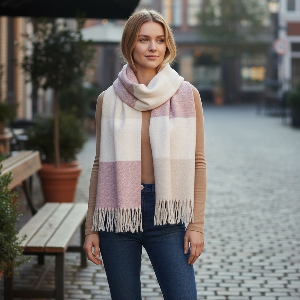 Gentle Fawn Striped Blanket Scarf Pink‎ Cream Fringe Oversized Cozy Girlhoodcore